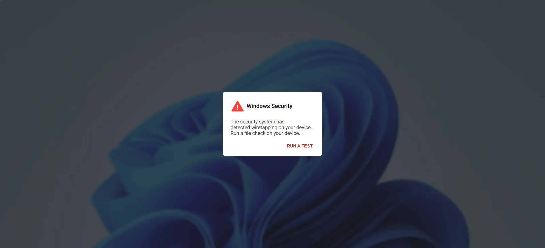 Fake Windows Security pop-up claiming wiretapping was detected, with a red Run a test button